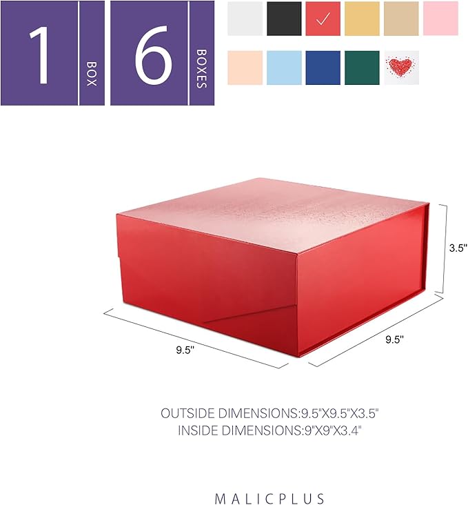 Gift Box with Lid 9x9x3.4 Inches, Red Bridesmaid Proposal Box with Magnetic Closure for All Occasion (Glossy Red)