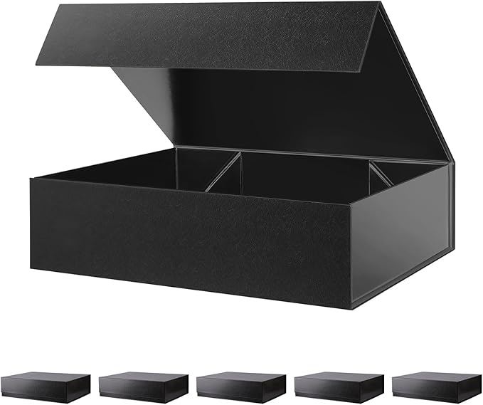 BLK&WH 6 Large Gift Boxes 13.5x10x3.5 Inches, Black Gift Boxes with Magnetic Closure Lids, Sturdy Shirt Boxes, Rectangle Collapsible Boxes for Gift Packaging (Glossy Black)