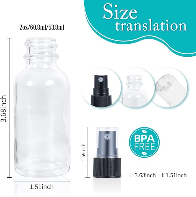 2oz Glass Spray Bottle, Fine Mist Boston Glass Bottles with Black Fine Mist Sprayer Small Clear Bottles for Essential Oils, Bath, Beauty, Hair & Cleaning, Clear, Pack of 48