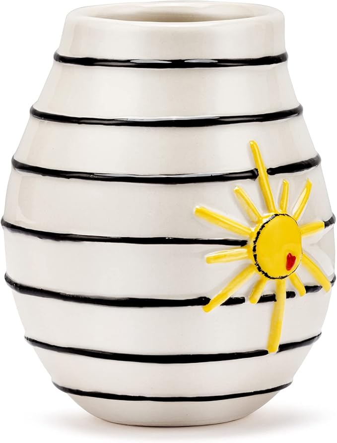 DEMDACO Black and White Stripe Yellow Sun 4 x 5 Stoneware Mini Decorative Vase