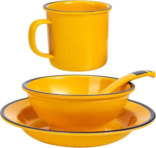 BESPORTBLE Melamine Dinnerware Set Yellow 4pcs Bowl Cup Plate Set Food Serving Containers Lightweight Unbreakable Tableware for Indoor Outdoor Dining