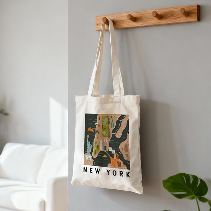 New York Map Canvas Tote Bag, New York Travel Gifts Shoulder Bags, Christmas Gifts to Friends and Family, Reusable Shoulder Tote Bag, Holiday Gift Bags for Wrap Storage