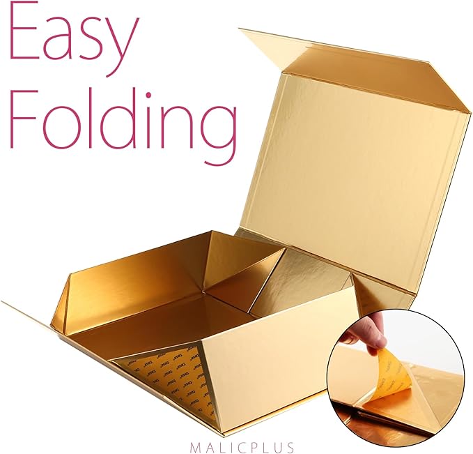 Large Gift Box with Lid 13.5x9x4.1 Inches, Gold Groomsman Proposal Gift Box with Magnetic Closure for All Occasion(Glossy Gold)