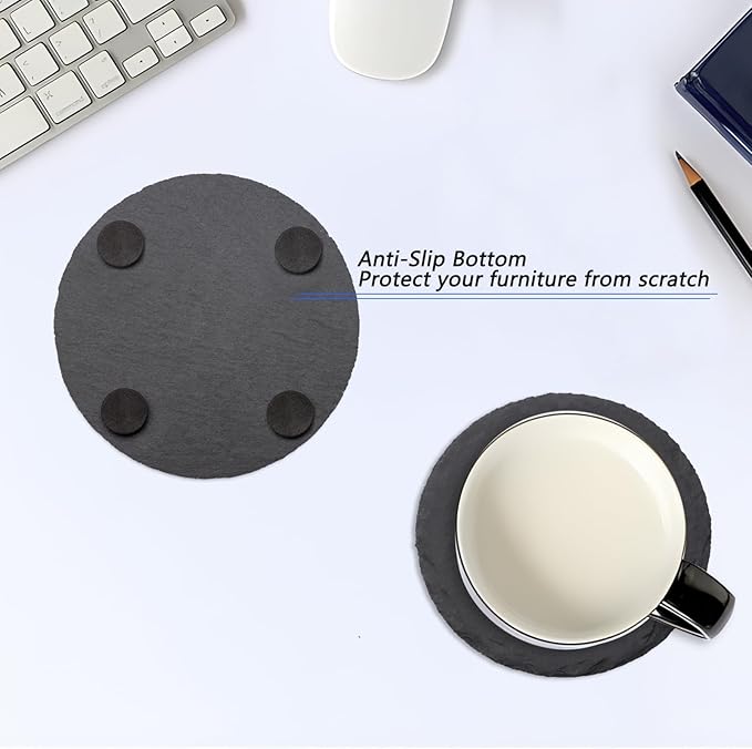 6 Pack Round Slate Drink Coasters, VIBRATITE 4 Inch Black Slate Stone Coasters Bulk Cup Coasters Laser Engraving Blanks with Anti-Scratch Bottom for Drink Coffee Bar Kitchen Home Decor