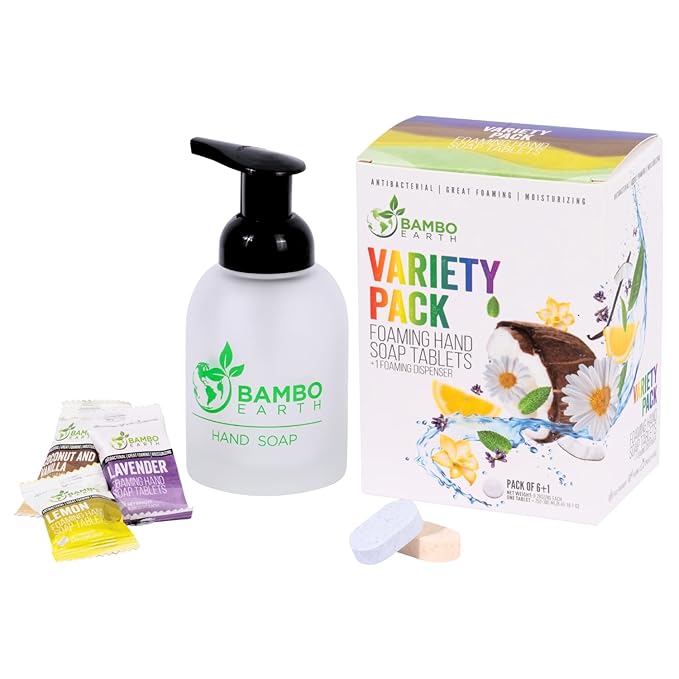 18 Pack Natural Foaming Hand Soap Tablets - Soft Moisturizing Handwash Tab Refills - 1 Tablet = 9 Oz Refillable Liquid Wash Foam Handsoap - Eco-Friendly Paper Softsoap Refill Tabs (Dispenser + 6 Tabs)