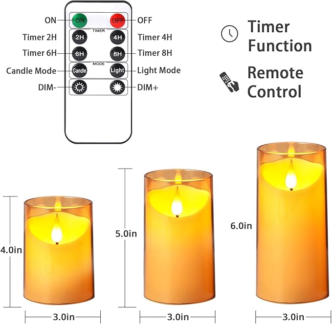 NURADA Flameless Candles: 3D Wick Battery Operated LED Pillar Candles - Acrylic Fake Candle Set for Home Decoration Romantic Ambiance - 3 Pack Gold