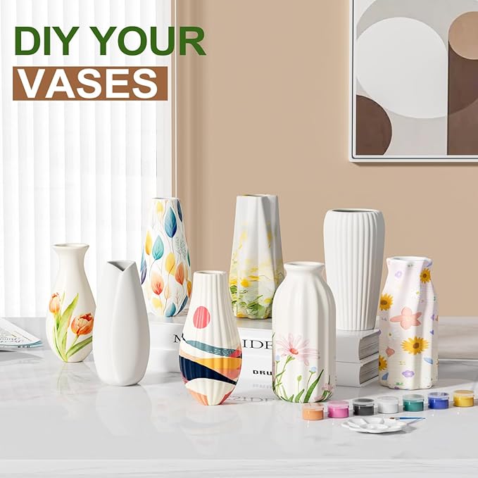 OERGKE White Ceramic Vase with Painting Kit Small vases for Flowers, Home Farmhouse Decor Modern Boho Vases for Living Room, Office, Dining Table, Bedroom, Kitchen Shelf(8packs)