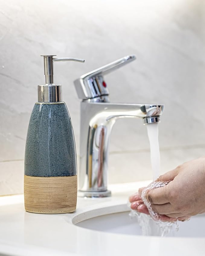 12 oz Dish Soap Dispenser with 2 Pumps, Ceramic Hand Soap Bottle for Shampoo, Body Wash, Lotion, Liquid Dispenser for Kitchen Countertop with Silicone Funnel, Ideal for Thanksgiving, Christmas, Blue