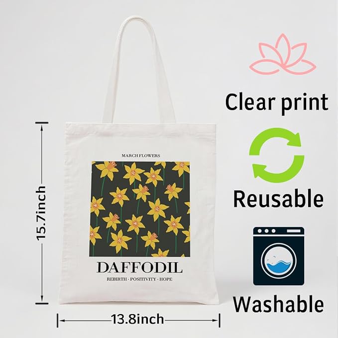 Flower Canvas Tote Bag, March Daffodil Reusable Shoulder Bags, Gifts to Sister and Friends, Holiday Gift Bags for Wrap Storage, Casual Canvas Totes for Work Traveling