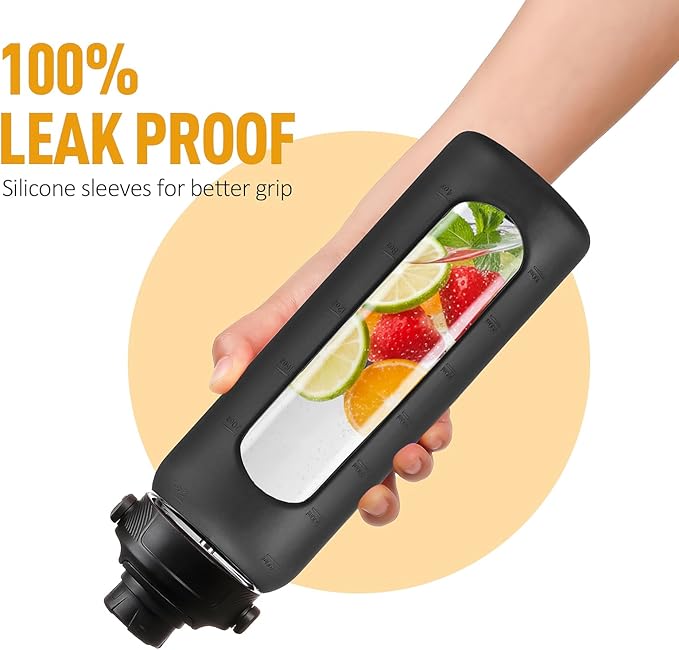 24oz Glass Water Bottle with Straw and 2 Lids-Bamboo and Spout Lid, Borosilicate Glass Water Bottle with Silicone Sleeve and Time Marker,BPA Free & Cupholder Friendly,Black