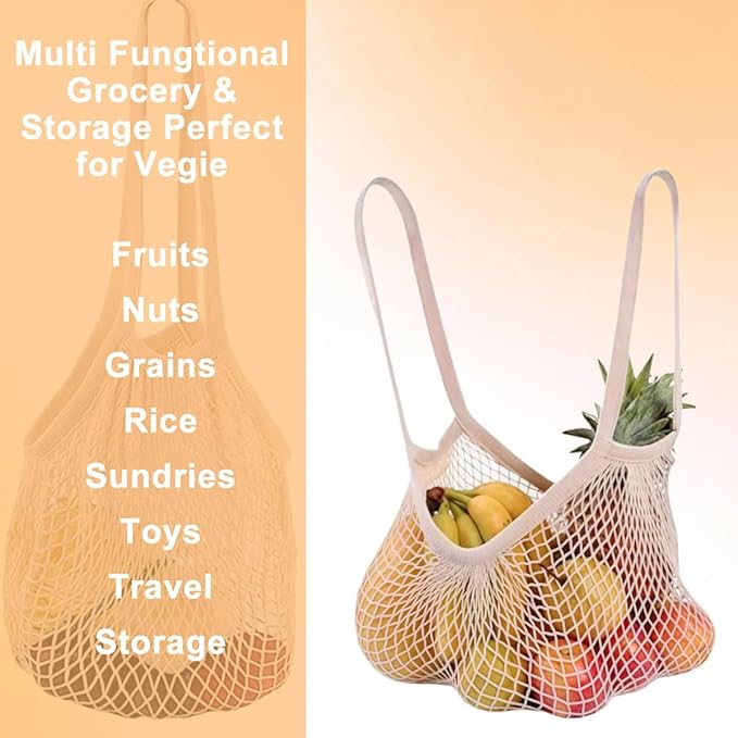 QUUPY 2Pcs Reusable Cotton Mesh Grocery Bags Long Handle Net Shopping Tote for Fruits Vegetables Produce Storage (White)