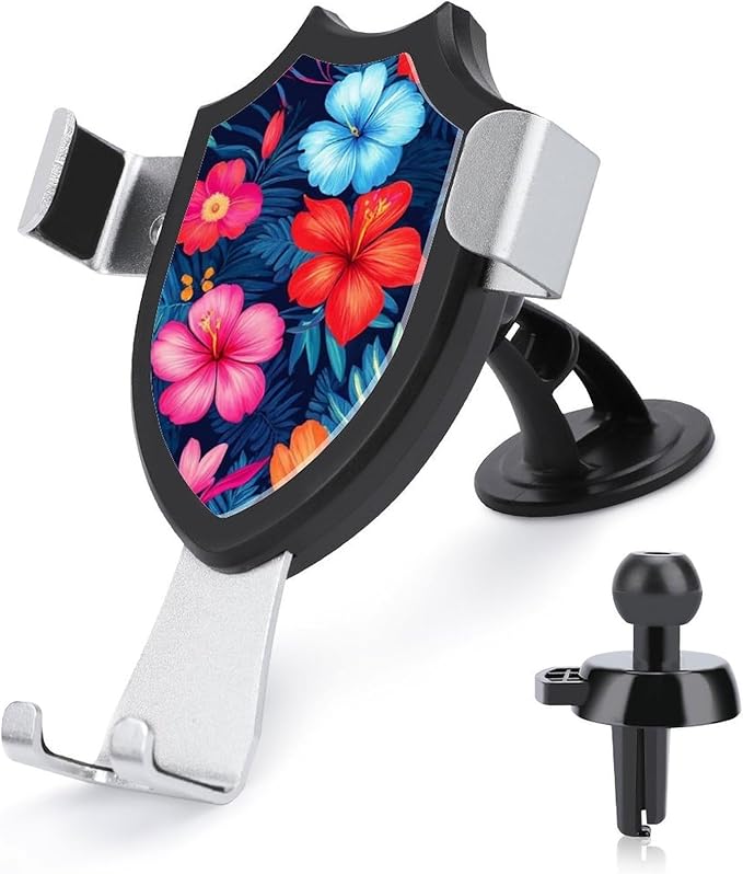 Phone Mount for Car Dashboard Air Vent Windshield, Universal Hands Free Automobile Cell Phone Holder Hawaiian Colorful Hibiscus Flowers Tropical Palm Tree Leaves