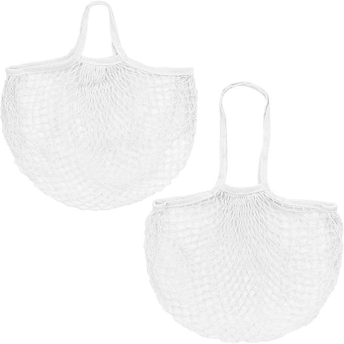 2-Pack Cotton Mesh Bag, Reusable Washable Mesh Net String Grocery Bags, Reusable Produce Bags with Handle, Net Tote Bag for Fruits/Vegetables Shopping [White, Long&Short Handle]