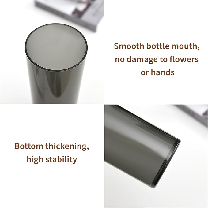 Flower Vase, Non-breakable Vases, 6" W x 8" H, Acrylic Grey Vase, Aesthetic Room Decor Cylindrical Modern Flower Vases for Table Centerpiece, Home Decor, Women Floral Arrangement Gift