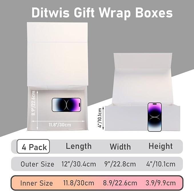 Ditwis 4 Pack 12x9x4 Inches Gift Boxes with Magnetic Closure Lids, White Magnetic Box for Wedding, Groomsmen Bridesmaid Proposal, Birthdays, Mother's Day