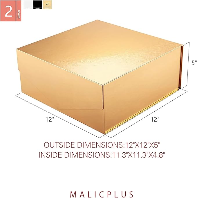 2 Extra Large Gift Boxes, 11.3x11.3x4.8 Inches, Gold Gift Boxes with Lids, Bridesmaids Proposal Boxes, Magnetic Closure