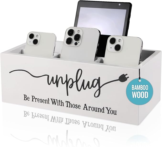 Bamboo Wood Phone Box – Unplug from Phones, Tablets, and Electronics for Study, Meetings, and Family Time, Phone Holder Organizer with Charging Holes, Farmhouse Style, Holds Up to 18 Phones-White