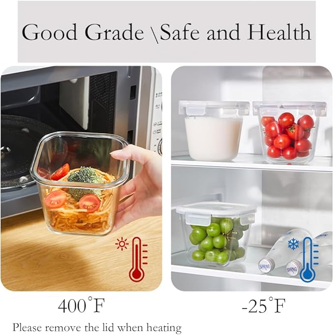 4 Cup Square Glass Food Storage Container with Lids, Square Glass Soup Container with Airtight Lids, 32 OZ Food Prep Bowls for Leftovers, Salad, Microwave、Fridge、Dishwasher Safe (4 Pack)
