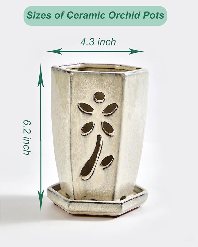 vensovo 4 Inch Ceramic Orchid Pots with Holes and Saucers - 1 Pcs Small Hexagon Succulent Pot for Repotting, Garden Flowerpots for Plants Indoor and Outdoor Promotes Air Circulation, (Milk White)