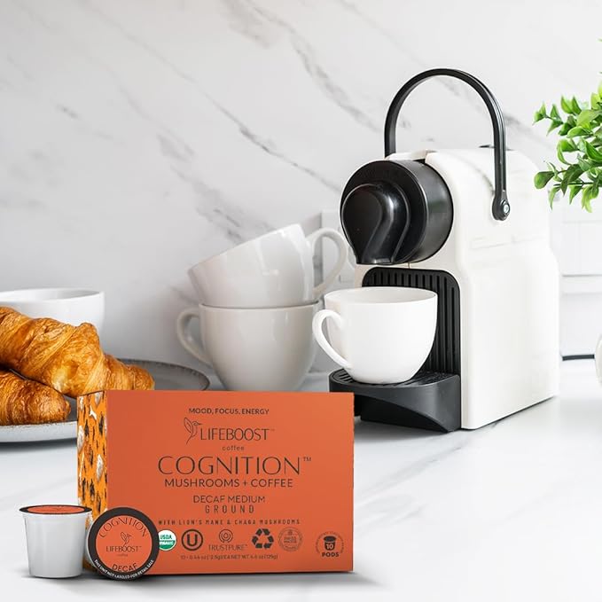 Lifeboost Cognition Decaf Mushroom Coffee Pods – Organic Low Acid Decaf K-Cups with Lion’s Mane & Chaga Adaptogens – Nootropic Coffee for Focus, Energy & Immune Support – 10 Count