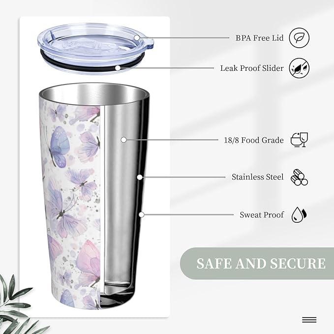 Pink Purple Butterflies Tumbler,Butterflies 20oz Stainless Steel Insulated Travel Tumblers,Travel Coffee Mug with Lid and Straw Water Bottle Drink Tumbler Cups Gifts for Women Men Lovers