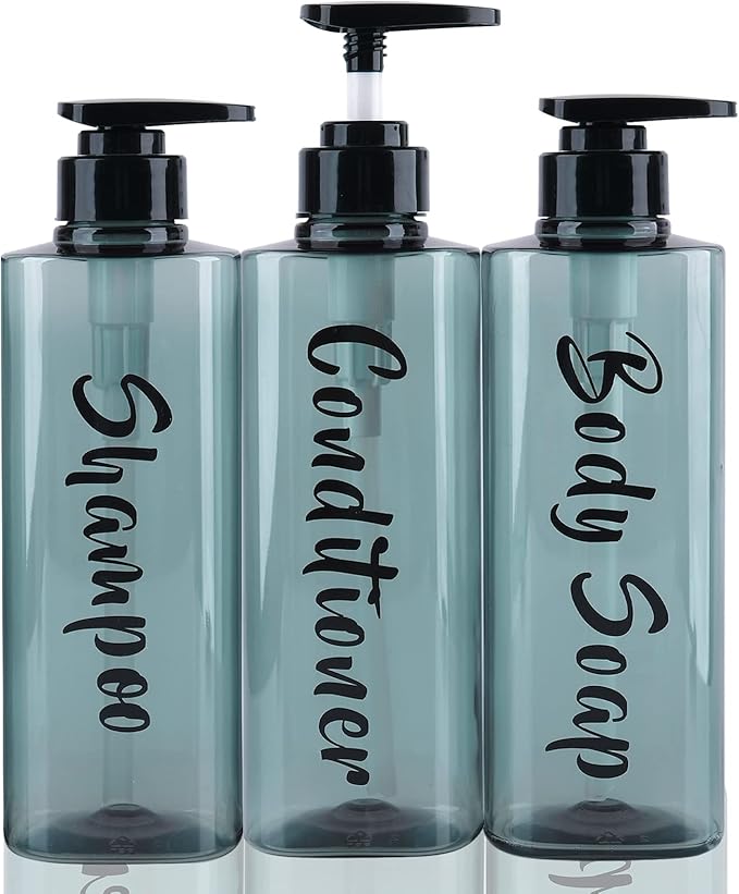 16.9oz Refillable Shower Soap Dispenser with Pump - 3 Chamber No Drill for Shampoo, Conditioner & Body Wash, Blue Clear Plastic Bottle Dispenser, Bathroom Organizer with 6 Waterproof Labels