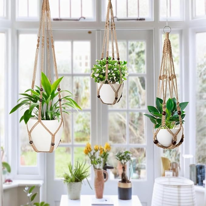 3 Pack Macrame Plant Hanger,Hanging Plant Holder, Boho Home Decor Hanging Basket with Wood Beads,Hanging Planters for Indoor Plants,Plant Hanger Indoor 35"/29"/23" Brown (POTS NOT Included)