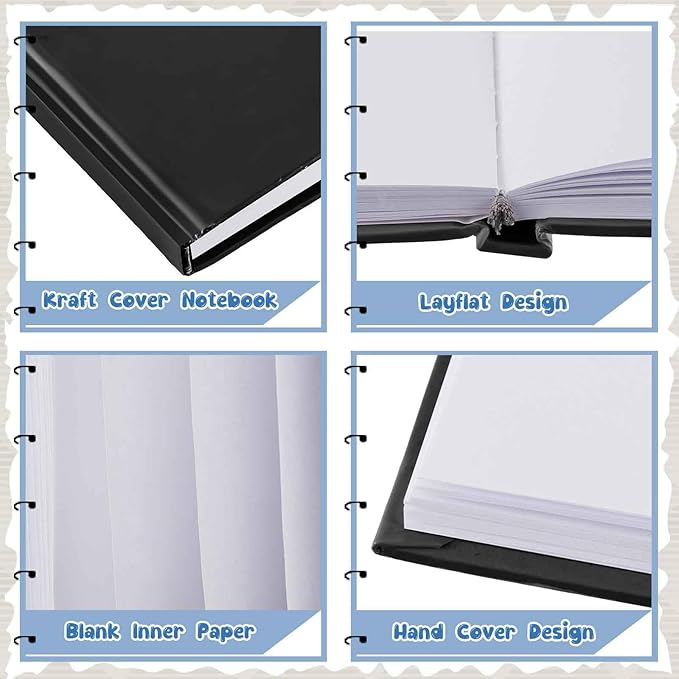 Henoyso 8 Pcs A5 Blank Notebooks Journals Bulk 100 Sheets/200 Pages Unlined Craft Notebooks Kraft Sketchbooks Hardcover for Writing Drawing for Gifts Students School Office, 8.3 x 5.7 in (Black)