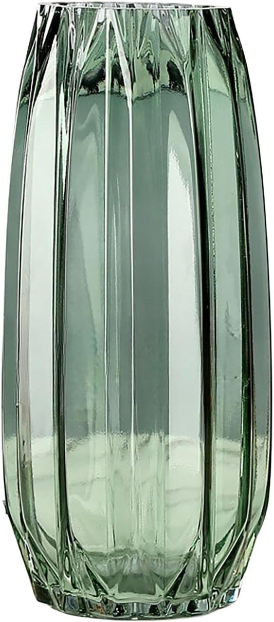 Green Ribbed Glass Vase - Modern Tall/Short Centerpiece for Flowers, Candles & Decor (H12.0inch)