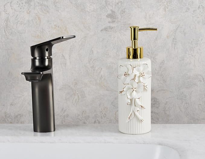 Handmade Ceramic Flower Soap Pump Dispenser Hand Lotion Liquid Dispenser Refillable for Kitchen and Bathroom Decorative (Flower Gold)