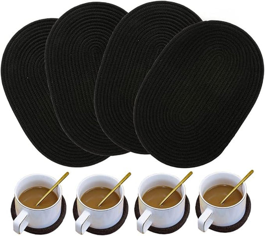 4 Pack Oval Woven Placemats and Set of 4 Round Fabric Coasters, Heat-Resistant Non-Slip Tablemats Woven Washable Charger Plates for Table Decoration (Black)