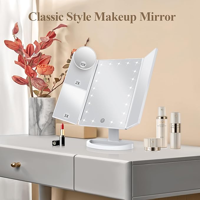 HUONUL Makeup Mirror Vanity with Lights, 2X 3X 10X Magnification, Touch Control, Trifold Mirror, Dual Power Supply, Gifts for Women, Wife, Mom, Teengirls(White)