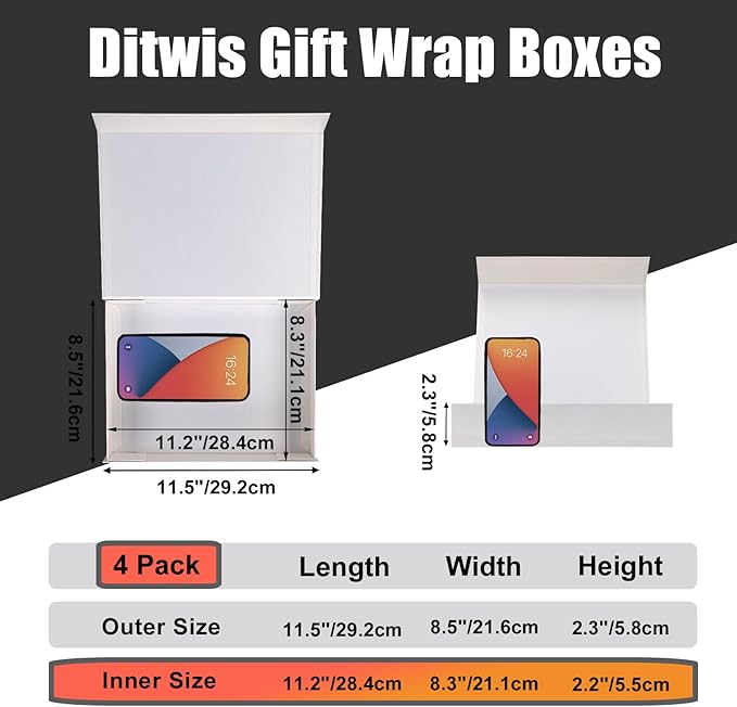 Ditwis 4 Pack 11.5x8.5x2.3 Inches Gift Boxes with Magnetic Closure Lids, White Magnetic Box for Wedding, Groomsmen Bridesmaid Proposal, Birthdays, Mother's Day