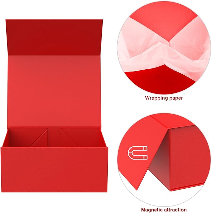 MOYEUPAC Red Gift Box,9" X 7" X 4" with Lids for Presents Magnetic Closure Gift Packaging for Christmas,Thanksgiving Halloween, Birthday Red with Ribbon