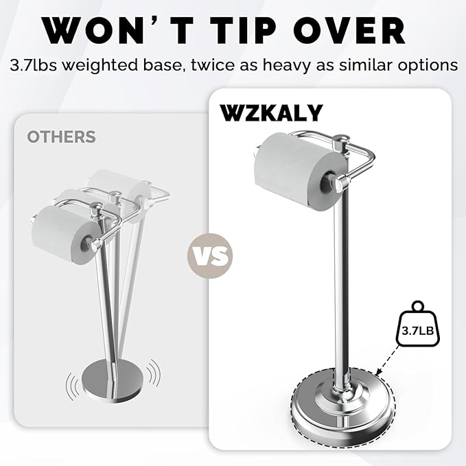 Toilet Paper Holder Stand, Polished Chrome Toilet Paper Holder Free Standing, Post Pivoting Design & Stable Weighted Base SUS304 Stainless Steel for Bathroom(Mega Roll)