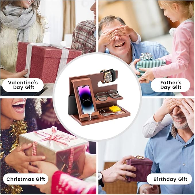 Wood Phone Docking Station - Gifts for Men Desk or Nightstand Organizer - Birthday Gifts for Husband, Fathers Day for Dad - Anniversary Idea from Wife - Key Holder, Stand Wallet, Watch & Essentials