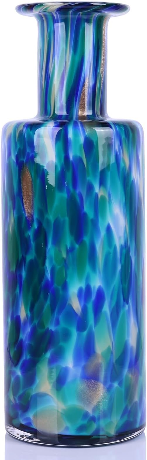 Blown glass cylindrical vase, modern art glass tall vase for home decoration table centerpiece, wedding, living room coffee table, entryway entry table top, TV cabinet decoration and ornament. (green)