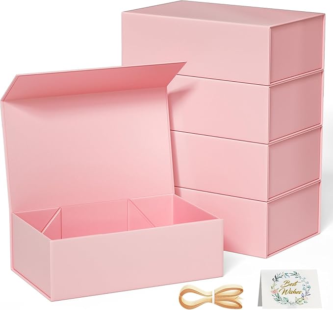 5 Pack Pink Gift Box, 12x6x4'' Gift box for Presents with Lids Magnetic Closure Rectangle Collapsible for Bridesmaid Proposal Box, Wedding, Christmas, Halloween, Birthday Gift Packging