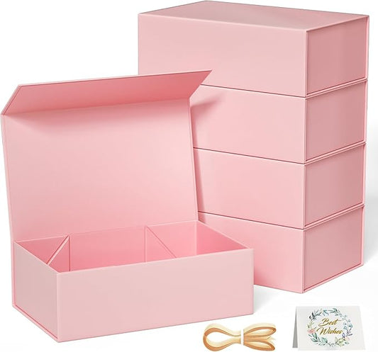 5 Pack Pink Gift Box, 12x6x4'' Gift box for Presents with Lids Magnetic Closure Rectangle Collapsible for Bridesmaid Proposal Box, Wedding, Christmas, Halloween, Birthday Gift Packging