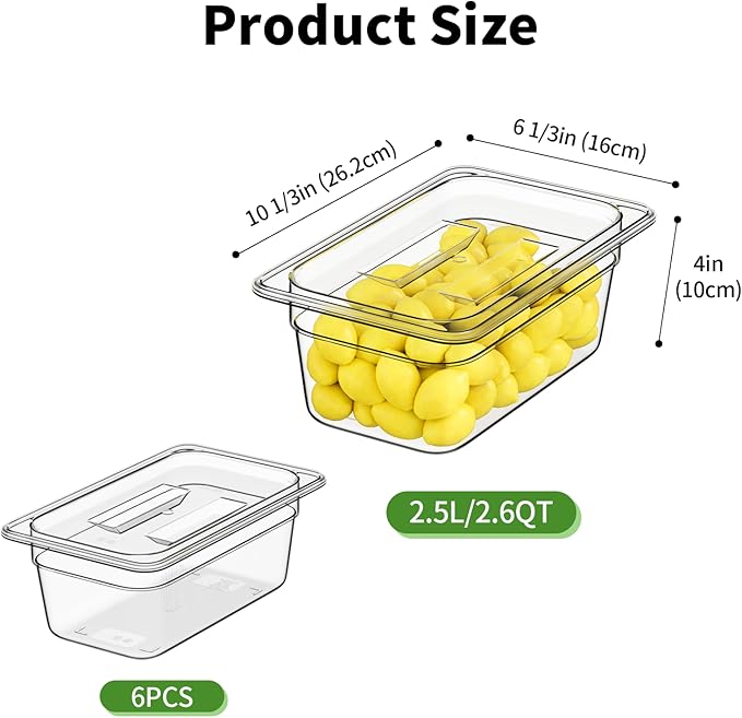 1/4 4'' 6 Pack Plastic Food Pans With Lids, Clear Food Pan, Commercial Stackable Polycarbonate Freezer-Safe for Fruits Vegetables Restaurant Kitchen