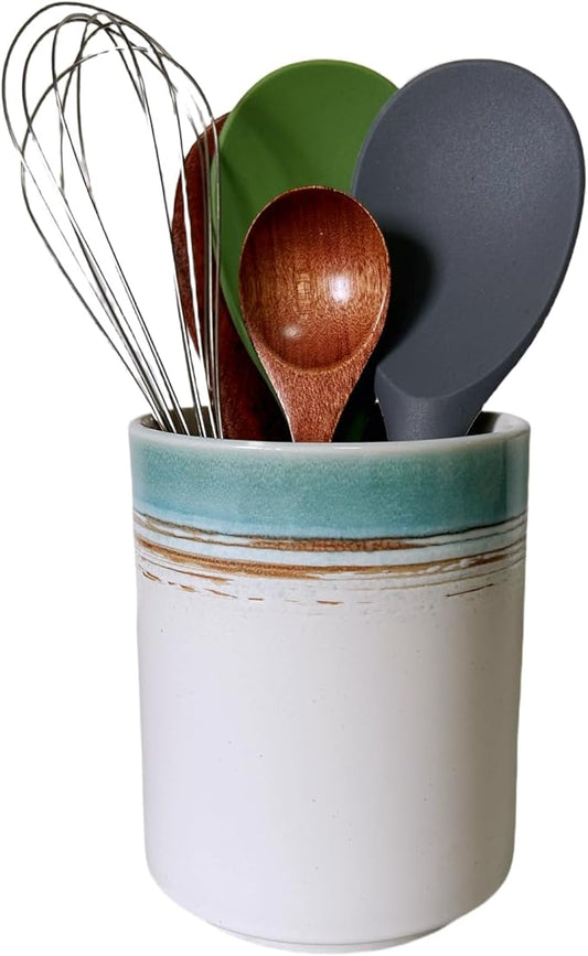 Medium Stoneware Kitchen Utensil Holder for Kitchen Counter Short Cooking Utensil Holder for Countertop Spatula Holder Small Utensil Crock Cutlery Holder Silverware Caddy Flower Vase (Green Field)