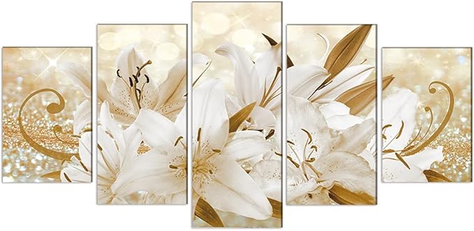LUDUHU Golden Orchid Flowers Canvas Print - Abstract Floral Wall Art Painting Decor for Home Decoration Artwork Picture Bedroom (E,Oversize 60x30inch)