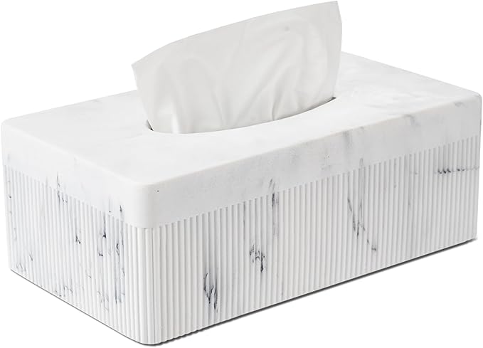 Marble Tissue Box Cover, Rectangular Napkin Facial Tissues Holder for Home Office, Hand Poured Marble Tissue Box Holder, 10 x 5.7 x 3.7 inches, White