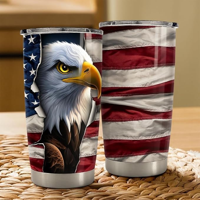 SANDJEST Eagle Tumbler 20oz Stainless Steel Insulated Coffee Travel Mug Cup American Flag Eagle Gifts for Men, Veterans on Birthday Christmas