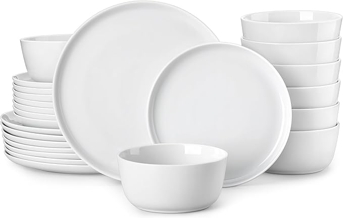MALACASA 24 Pieces Gourmet Porcelain Dinnerware Sets, Premium Plates and Bowls Set, High-Fired Ceramic Dishes Set for 8, Chip & Scratch Resistant, Microwave Dishwasher Safe, White, Series LEXI