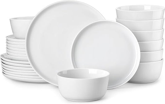 MALACASA 24 Pieces Gourmet Porcelain Dinnerware Sets, Premium Plates and Bowls Set, High-Fired Ceramic Dishes Set for 8, Chip & Scratch Resistant, Microwave Dishwasher Safe, White, Series LEXI