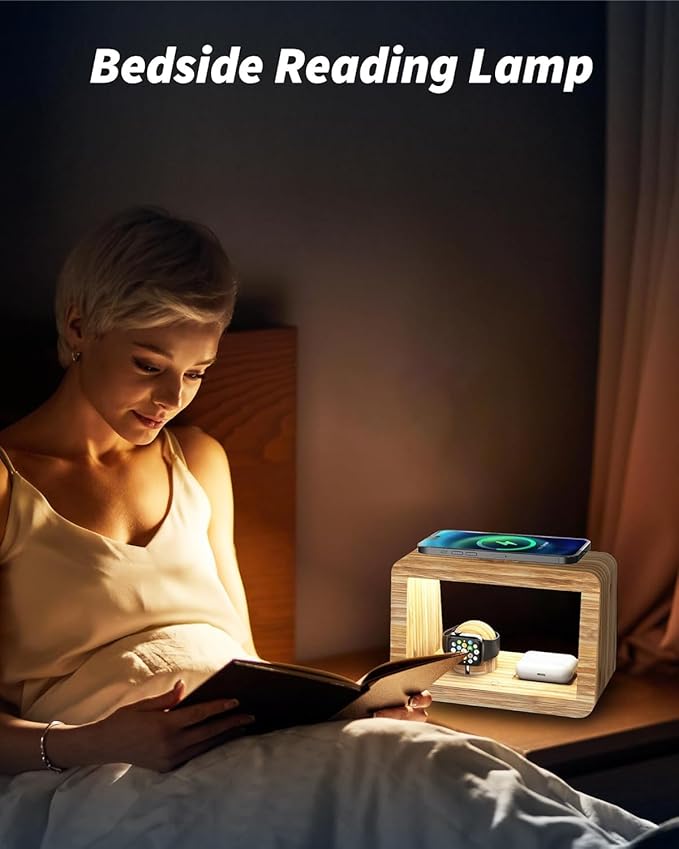 Bamboo Wireless Charging Station: 4-in-1Wireless Charger with Night Lights - Fast Charging Stand Compatible with iPhone 17/16/15/14/13/12 Pro Max/X/Xs Max/8, AirPods Pro, Watch Series