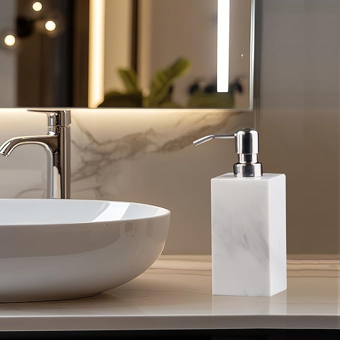 Hand Liquid&Lotion Soap Dispenser Pump Bottle Natural Marble for Kitchen Bathroom Countertop Laundry Room Holds Dish Soap Shampoo Laundry Liquid Shower Gel (Sir White)
