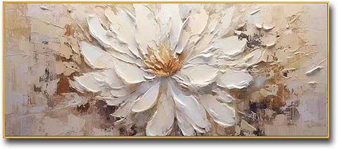 Hand-Painted Flower Canvas Oil Painting for Living Room, Large White Floral Canvas Wall Art for Bedroom,Gold Framed 3D Textured Painting for Office Kitchen Home Decoration 24x56 inches