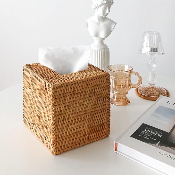 2 Pack Rattan Tissue Box Cover Square, Wicker Tissue Box Holder, Decorative Woven Facial Tissue Holder for Bathroom, Kitchen, Living Room, Bedroom (5.5 x 5.5 x 5.7 inch, Natural)